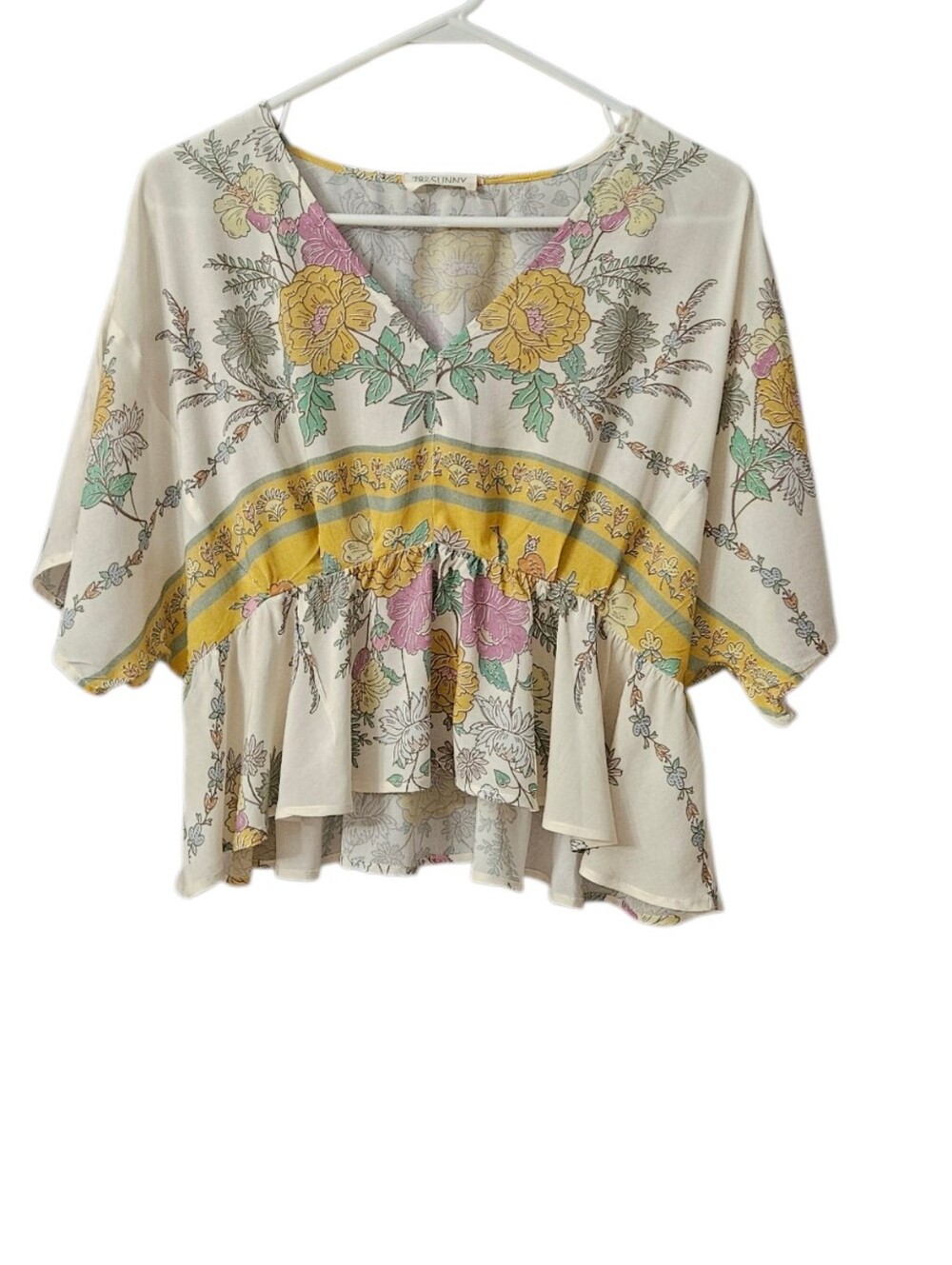 78&Sunny Floral V-Neck Blouse Women's Medium Lightweight Cream Floral